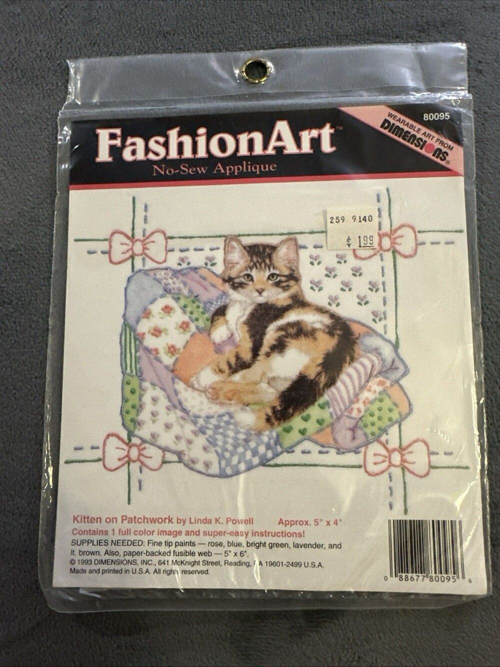 Vintage 1993 Dimensions FashionArt Kitten on Patchwork No-Sew Applique #80095